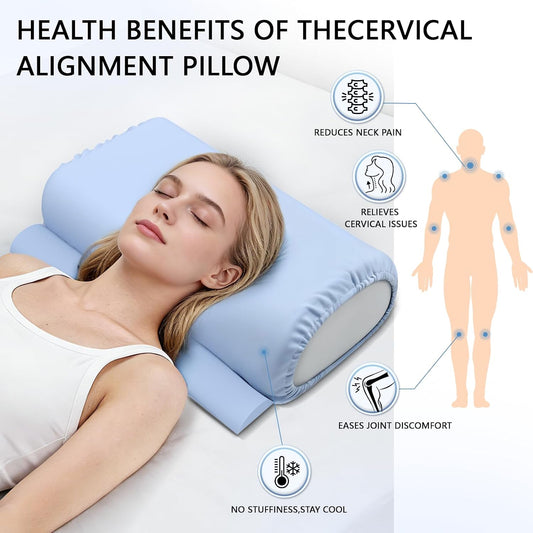 Ergonomic Cervical Neck Pillow, Memory Foam Travel Neck Support Pillow for Side, Back & Stomach Sleepers, Neck Roll Pillow for Pain Relief with Breathable Cover and Storage Bag