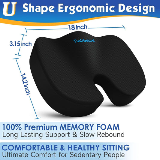 Seat Cushion for Office Chair, Car, Memory Foam, Black Large | For Back, Coccyx, Sciatica, Tailbone, Ergonomic Design, Non-Slip, Desk Wheelchair Use, Supportive Butt Pillow, For Man