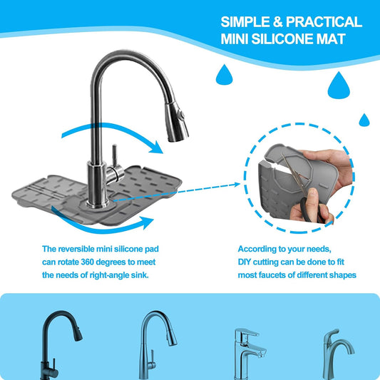 2 Pieces Kitchen Sink Splash Guard 8.3" Mini Sink Faucet Mat Faucet Handle Drip Catcher Tray Mat in Gray Faucet Draining Mat for Soap Sponge Placement Sink Protectors for Kitchen & Bathroom