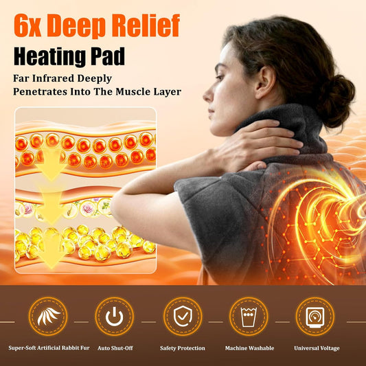 Weighted Far Infrared Heating Pad for Neck Shoulders & Back, 30S Fast Heat | 6X Far Infrared Pain Relief, Faux Rabbit Fur, 160°F Max Temp, 8 Heat Settings, 4H Auto-Off, Gifts for Men Women(24" x 20")