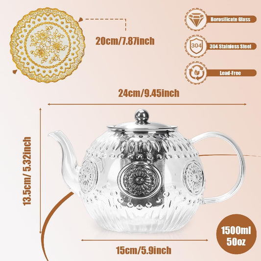 Vintage Glass Teapot with Infuser, 50oz/1500ml Borosilicate Tea Kettle, Stovetop Safe for Loose Leaf, Blooming & Herbal Tea, Includes Heat Resistant PVC Trivet