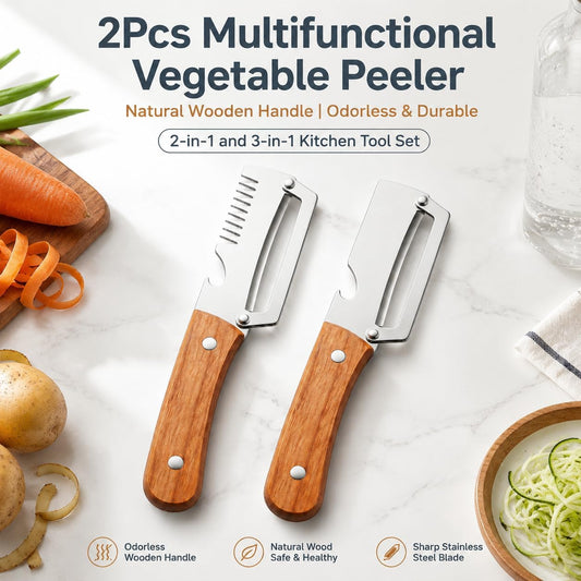 2Pcs Vegetable Peeler with Wooden Handle, Odor-Free Stainless Steel Multi Functional Vegetable Cutter, 2-in-1 and 3-in-1 Kitchen Tool with Scallion Shredder and Bottle Opener for Cooking and Camping