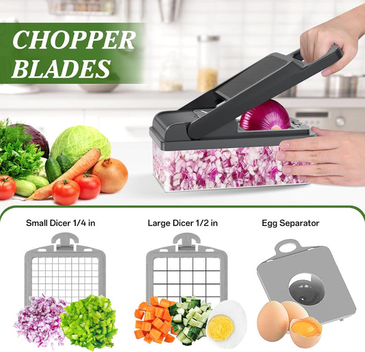 HomeHacks Veggie Chopper Vegetable Cutter, 12 in 1 Kitchen Gadget, Grey | Dicer, Slicer, Cutter, Slap Chop, Cheese Grater & Egg Separator - Multi-Functional Salad Fruit Onion Chopper with Container
