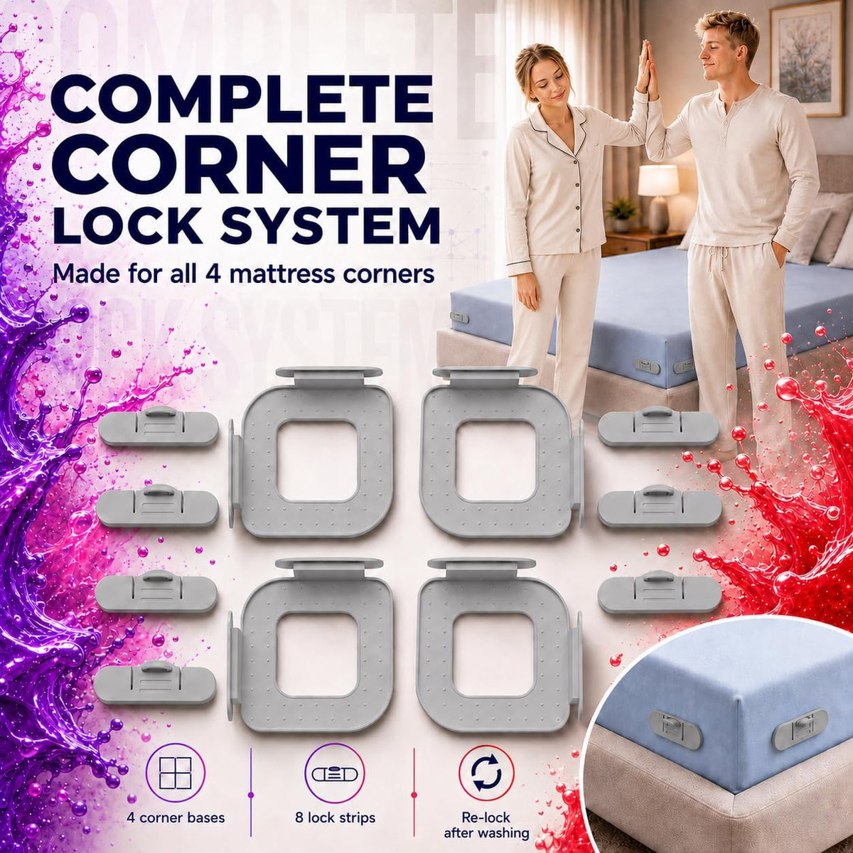 Bed Sheet Holders for Corners - Secure Fitted Sheet Holder with Lock Strips for Queen and King Size Bedsheets, Ideal for Dorms, No Metal Clips