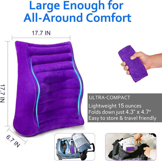 Inflatable Lumbar Pillow for Airplane Travel, S-Curve Lumbar Support Pillow | Ergonomic Back Support Cushion for Office Chair, Car, Couch, Driving Seat, Long Flight, Portable, Lightweight, Purple