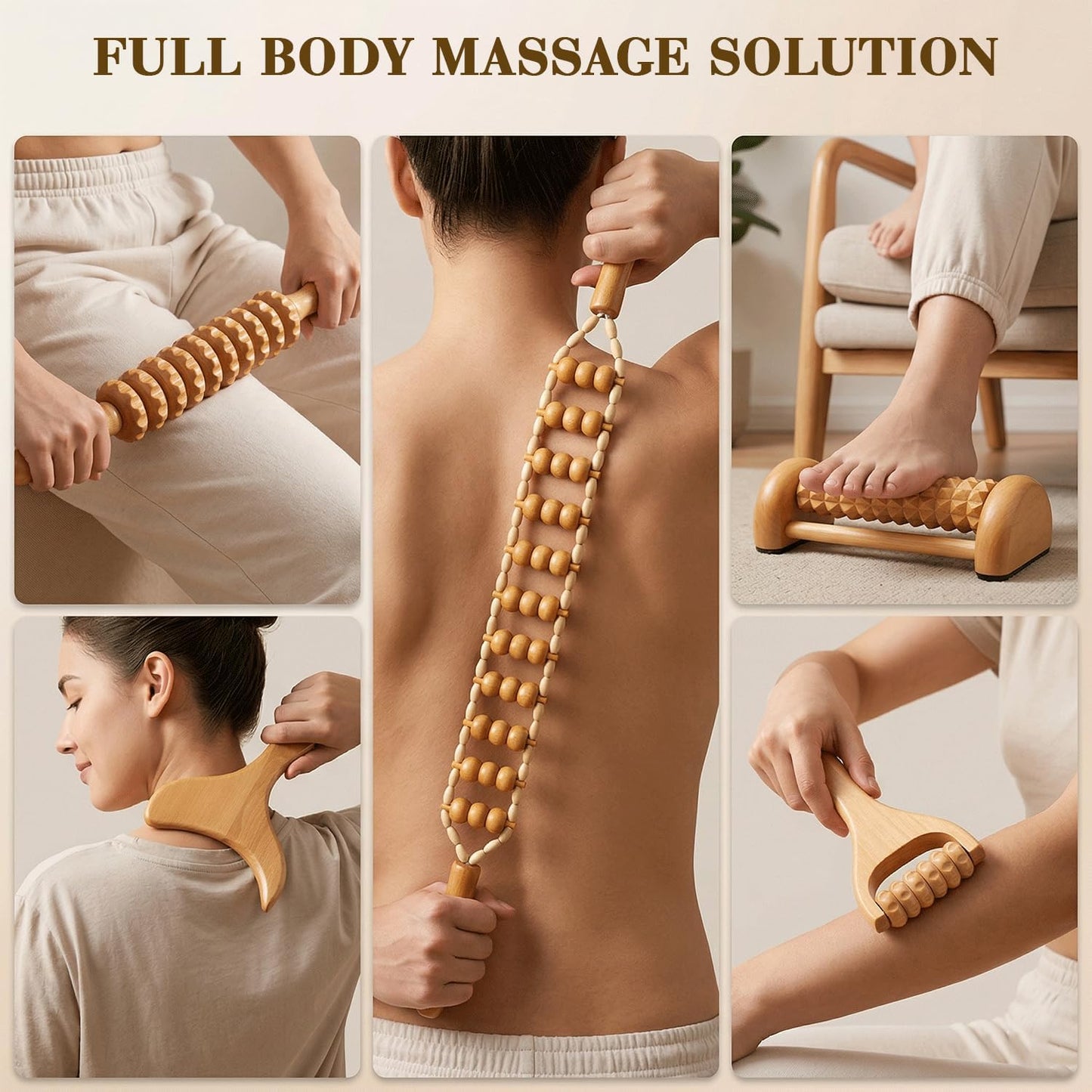 5 in 1 Wood Therapy Massage Tools Set for Cellulite Reduction & Stress Relief – Maderoterapia Kit for Lymphatic Drainage, Body Sculpting, Nervous System Relaxation & Muscle Recovery