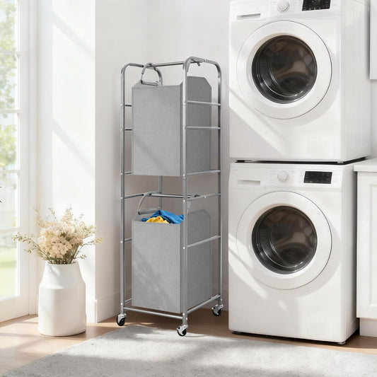 STORAGE MANIAC 2 Tier Vertical Laundry Hamper, 2 Section Laundry Sorter with 2 Removable Tote Bags, Rolling Clothes Basket for Towels, Blankets, Tall Dirty Clothes Hamper for Closet, 2 Bags Gray