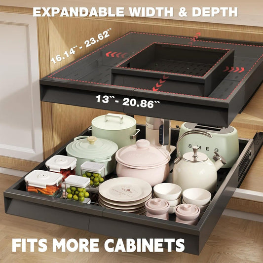 Seinloes Pull Out Cabinet Organizer, 4-Side Expandable to Fit Most Cabinets, 3 Rail Slide Out Drawers with Raising Pad for Framed & Frameless Cabinets, 13"-21" W x 17"-24" D, White, 2 Pack