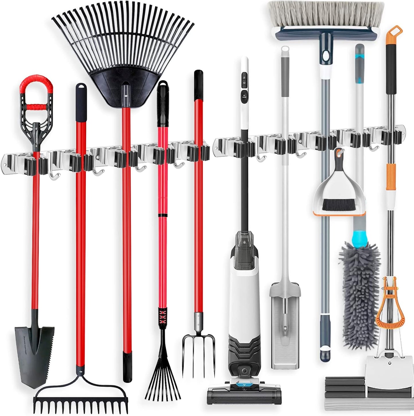 IMILLET 2 Pack Broom Holder Wall Mount Stainless Steel Mop Organizer | 5 Racks 4 Hooks Heavy Duty Garage Organization Storage,Broom and Mop Organizer Wall Hanging Self Adhesive for Laundry Room