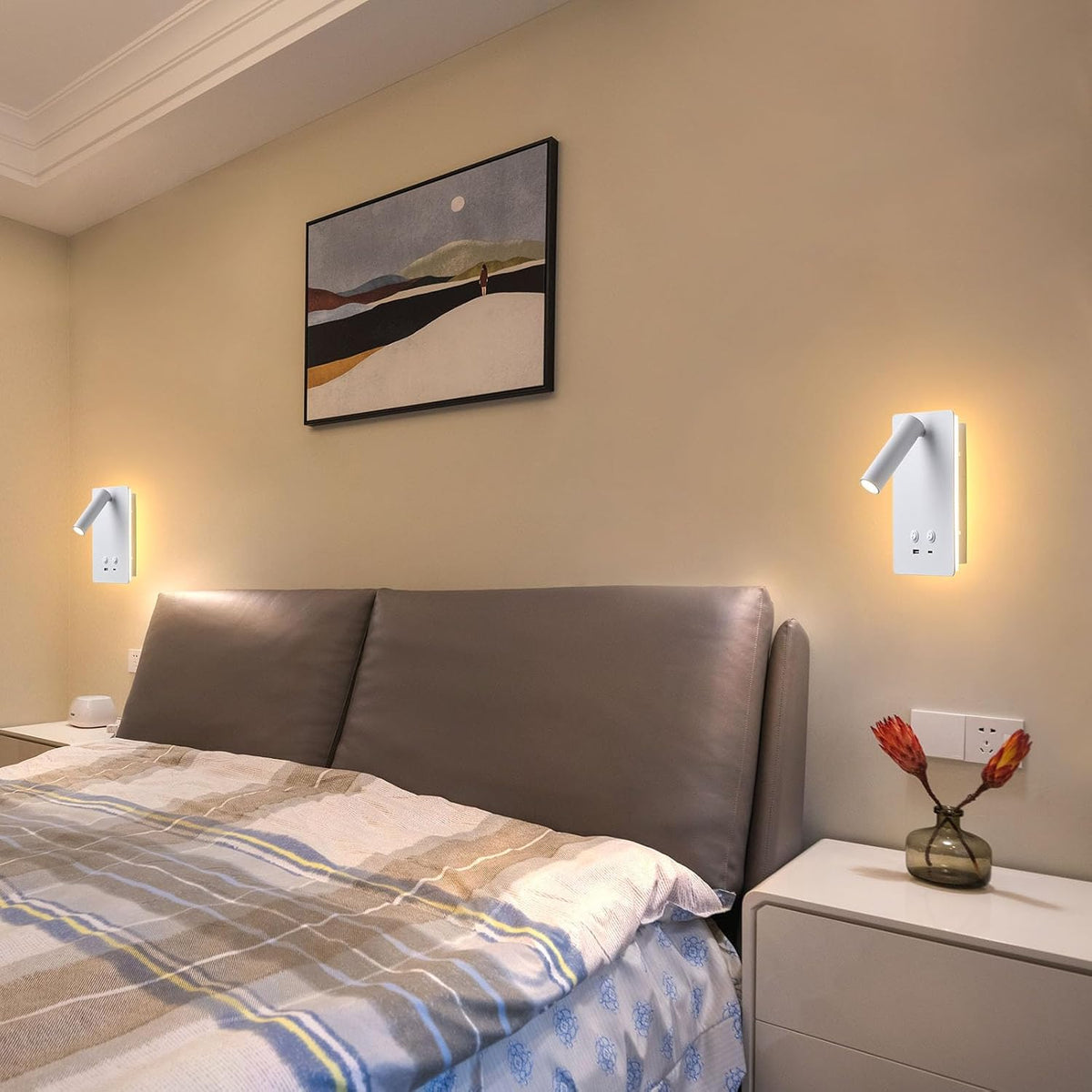 LED Wall Lamp Wall Mounted Reading Lights, Adjustable Headboard Plug in Wall Sconce with USB C+A Ports, Headboard Bedside Lamp with 9W+3W Night Light 3000K (White)
