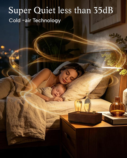 Waterless Oil Diffuser with Wood Base, Tempered Glass Bulb, 3 Color Light