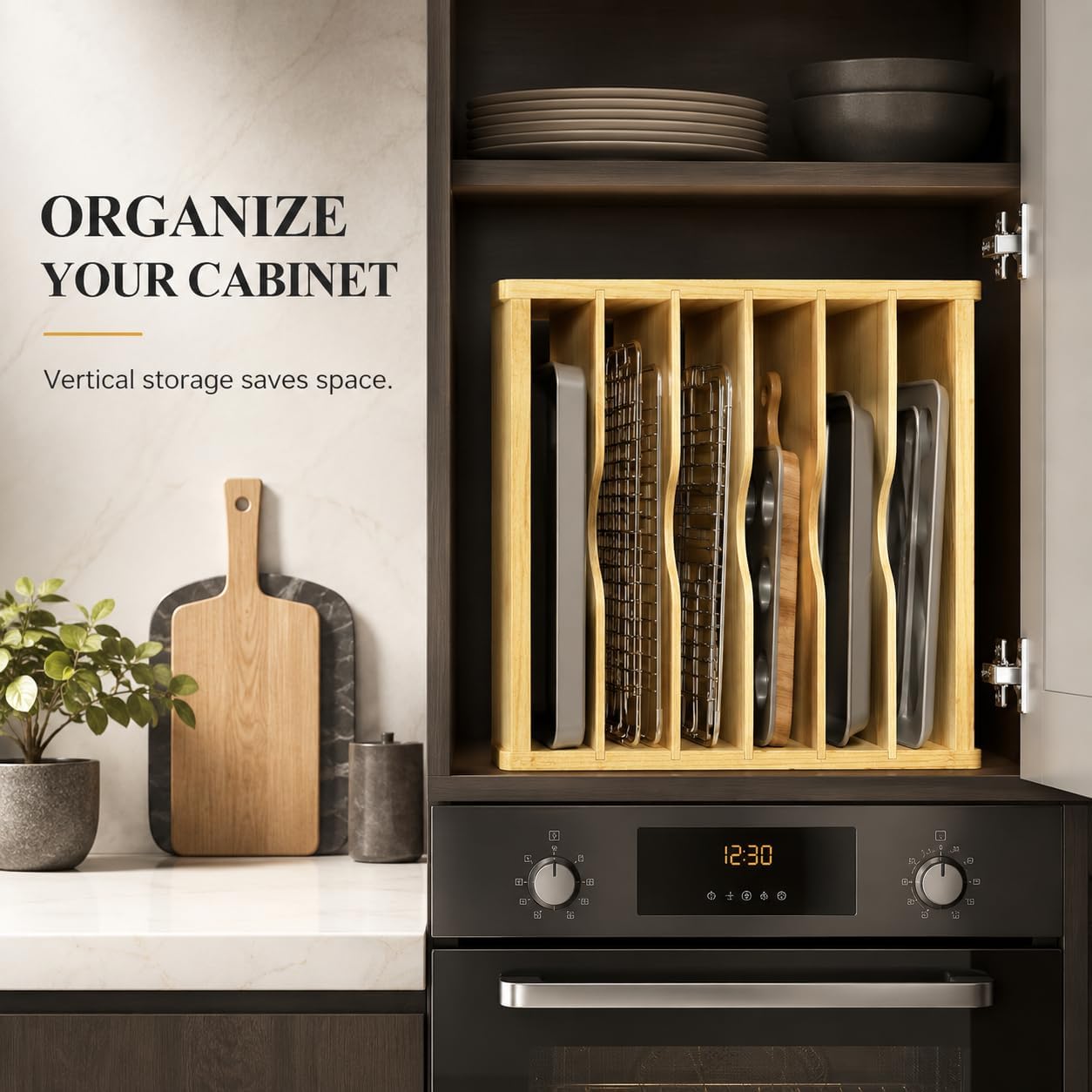 Cookie Sheet Organizer for Cabinet, 7 Tier Wooden Tray Divider | Vertical Cabinet Storage for Baking Sheets, Sheet Pans, Cutting Boards and Flat Pans, 15.35 in W x 11.81 in D x 16.54 in H