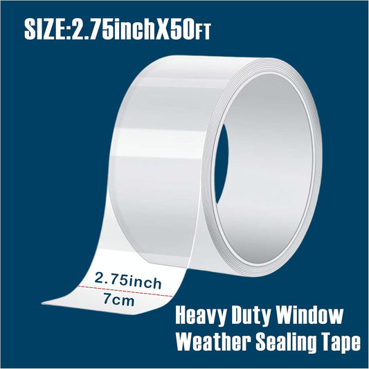 Transparent Window Weather Sealing Tape,2.75-Inch x 50ft,Clear Window Draft Isolation Sealing Film Tape,Clear Draft Stopper Adhesive Tape for Doors, Windows and Shower Glass Gaps. (2.75-Inch x 50FT)