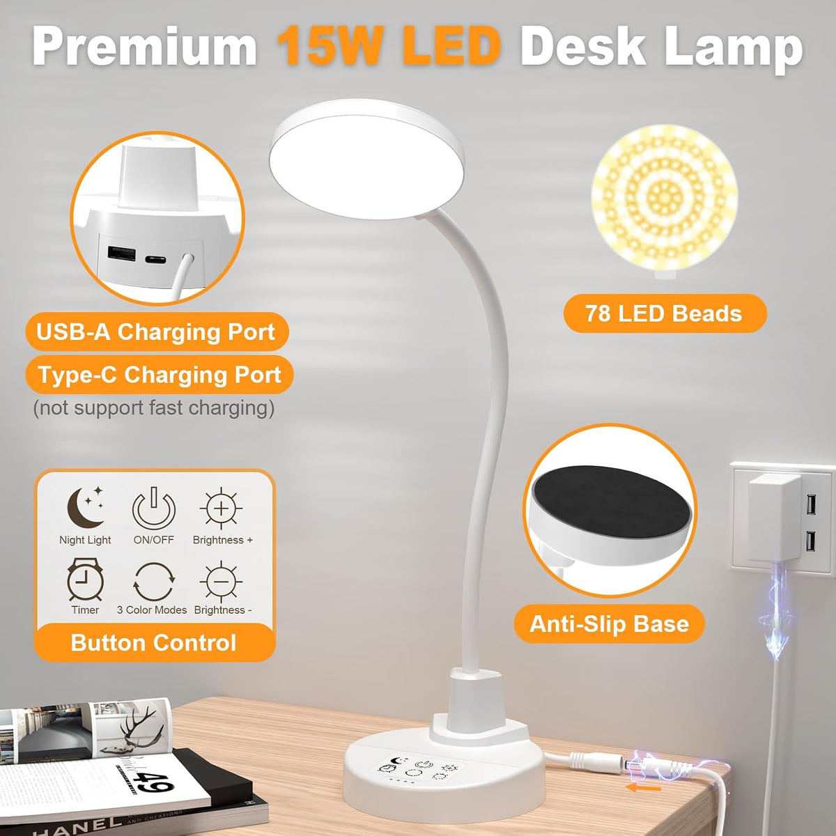15W LED Desk Lamp with USB Charging Ports – Dimmable Table Lamp with 3 Color Temps, 5 Brightness, 4 Timers, Flexible Gooseneck Light with Base, Eye-Caring Reading Light for Home Office, Bedroom, Study