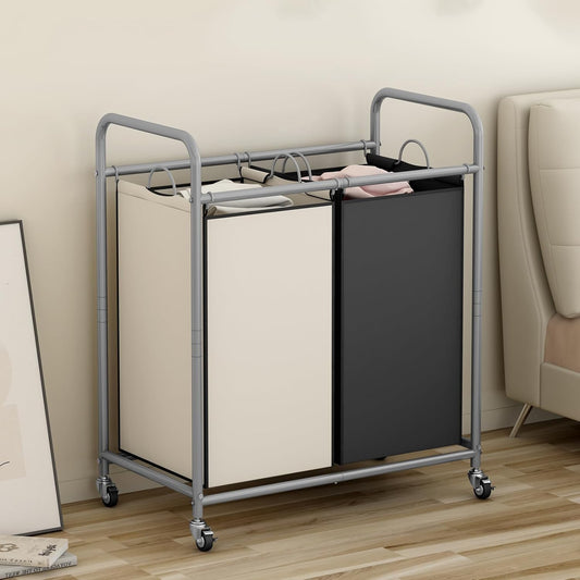 SUOERNUO Laundry Hamper with Lockable Wheels and 2 Removable Bags | Rolling Laundry Basket Laundry Sorter 2 section for Dirty Clothes in Laundry Room or Small Spaces, Grey+Beige