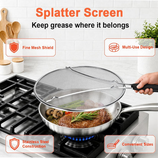 Splatter Screen for Frying Pan 13 Inch - Stainless Steel Grease Splatter Guard - Oil Splash Guard & Fine Mesh Cover for Cooking Bacon, Fried Chicken & Popcorn
