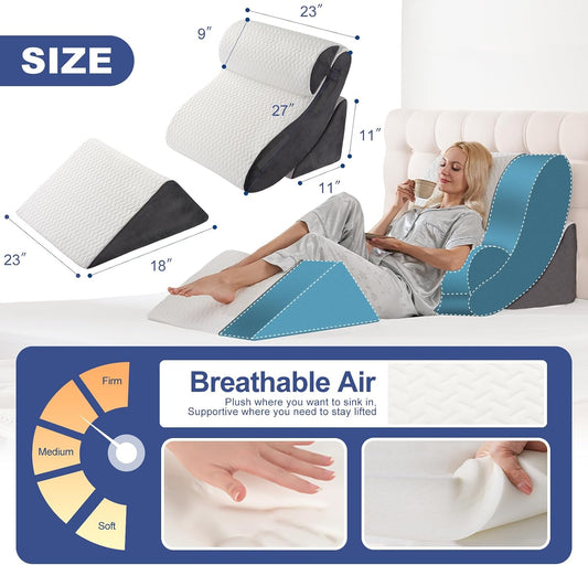 Orthopedic Bed Wedge Pillow Set for Sleeping, Post Surgery Foam Support Pillows for Back, Neck and Leg Pain Relief, Adjustable Triangle Pillow – Acid Reflux, GERD & Snoring Recovery, White Grey