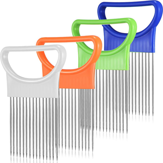 4 Pieces Onion Holder Slicer Stainless Steel Vegetable Tomato Holder Slicer Cutter for Kitchen Worker Safety Cooking Tools, 4 Colors