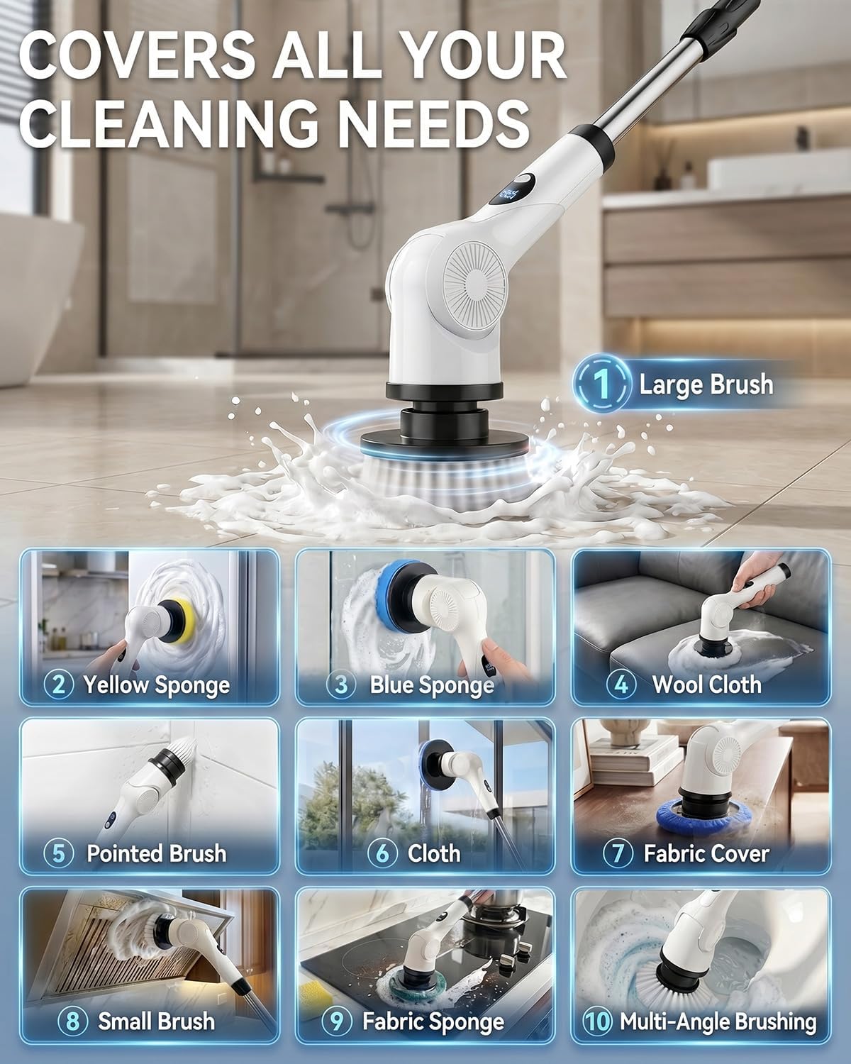 Electric Spin Scrubber, 3-Speed Shower Scrubber with Long Handle & 10 Replaceable Brush Heads, Cordless Full-Body IPX7 Waterproof Shower Cleaner Brush with 90 Mins Runtime for Bathroom