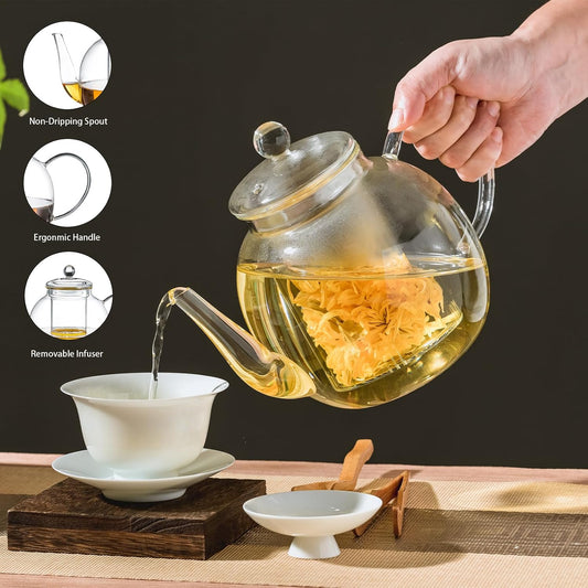 Wlasss Large Glass Teapot with Infuser, 1530 ml/52 oz Clear Tea Kettle | Stovetop Safe Teapot for Loose Leaf and Blooming Tea, Tea Lover's Choice, Gifts for Christmas, Holiday, Parties