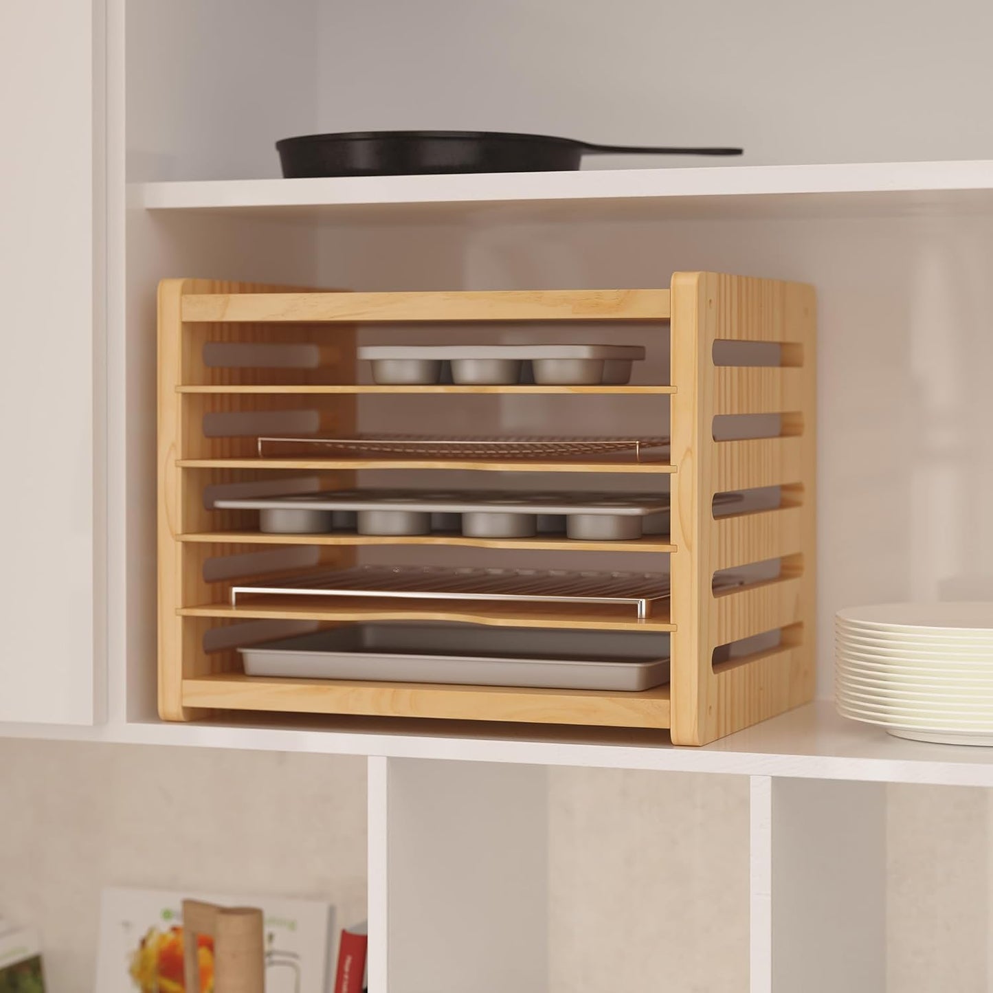 6 Tier Wooden Tray Dividers for Cabinets | Kitchen Vertical Cookie Sheet Organizer, Baking Trays Storage Rack, For Baking Pans, Cutting Board