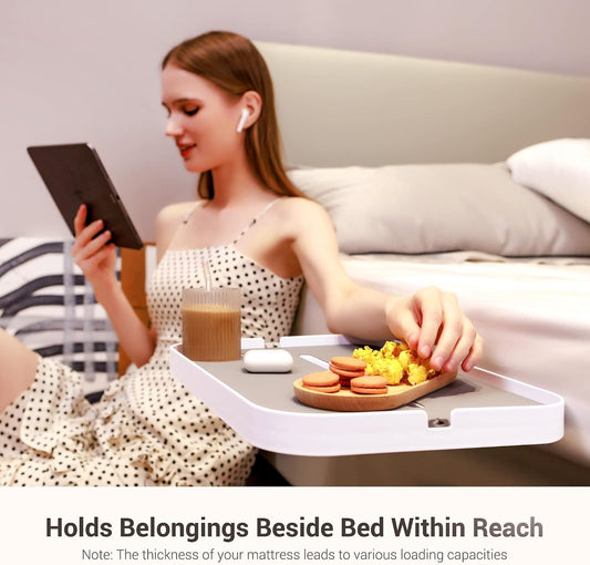 KIWIFOTOS Clip-On Bedside Shelf Nightstand for Dorm Bunk Bed | 17" bedside tray, holds 11lb, fits 16" laptop, silent silicone pad, for dorm bunk bed, with Cord and Cup Holder