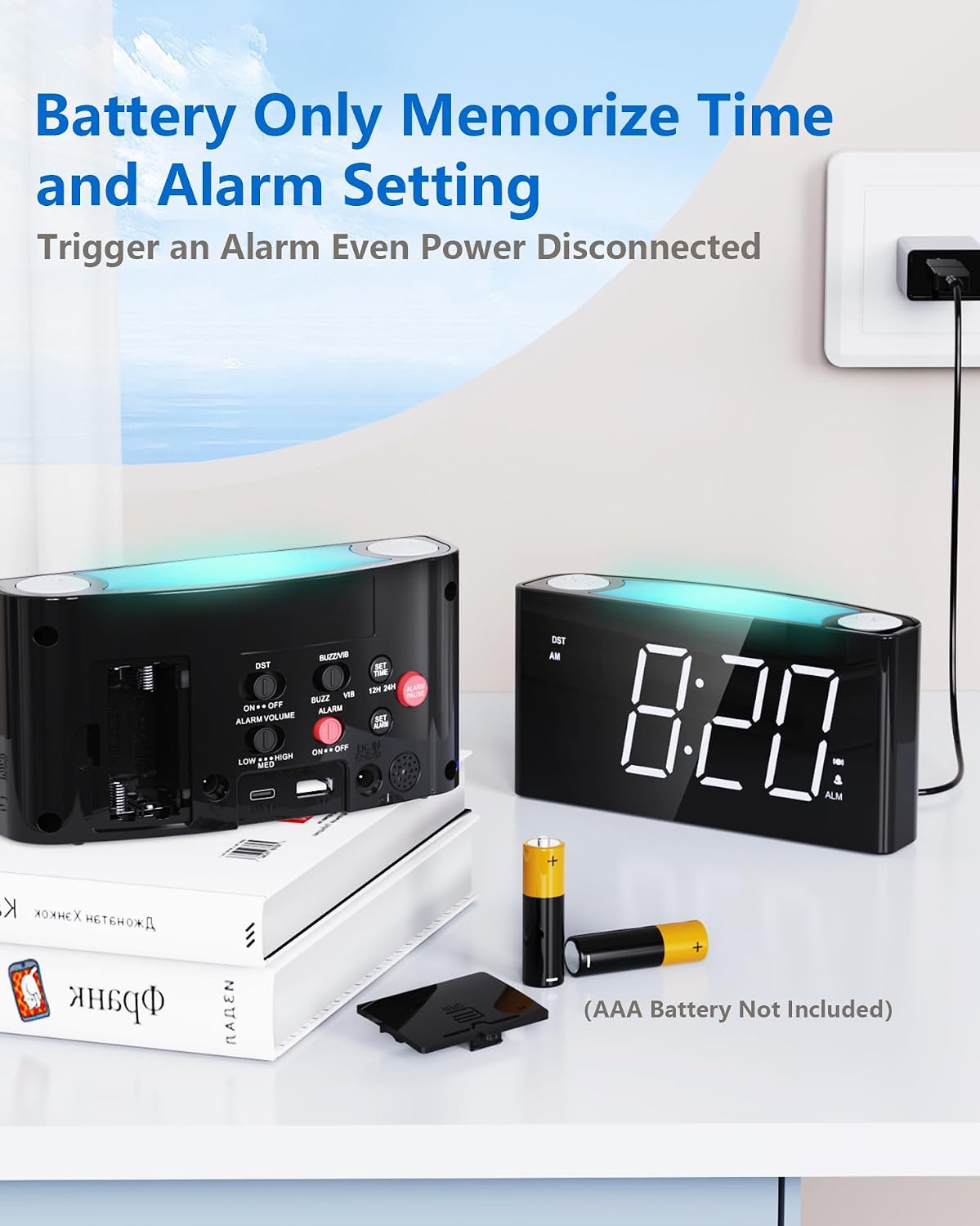 Vibrating Alarm Clock with Bed Shaker for Heavy Sleepers, Beside Clock with Night Light for Bedrooms, 2 USB Chargers,Large LED Display with Dimmer,Snooze 12/24H DST, Battery Backup | Powerful bed shaker with 3 wake modes, large dimmable LED display,