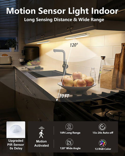SZOKLED Motion Sensor Night Lights, 58-LED RGB Under Cabinet Lighting Wireless, 1100mAh Rechargeable Under Cabinet Lights Dimmable Closet Lights for Step, Stair, Kitchen,Hallway