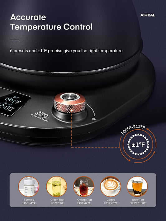 Electric Gooseneck Kettle Temperature Control, Pour Over Electric Kettle for Coffee and Tea, 100% Stainless Steel Inner, 1200W Rapid Heating, 0.8L, Built-in Stopwatch, Matte Black