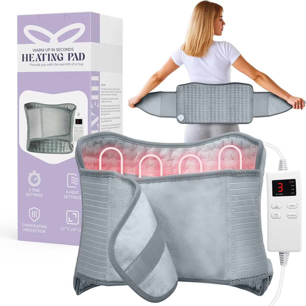 Heating Pad for Period Cramps, Upgraded Wrap Heating Pad for Back Pain Relief, Large 12''x 24''Heat Pad +26" Belt Adjustable 4 Timer 6 Heat Level Auto Shut Off, Christmas Birthday Gifts for Women Mom