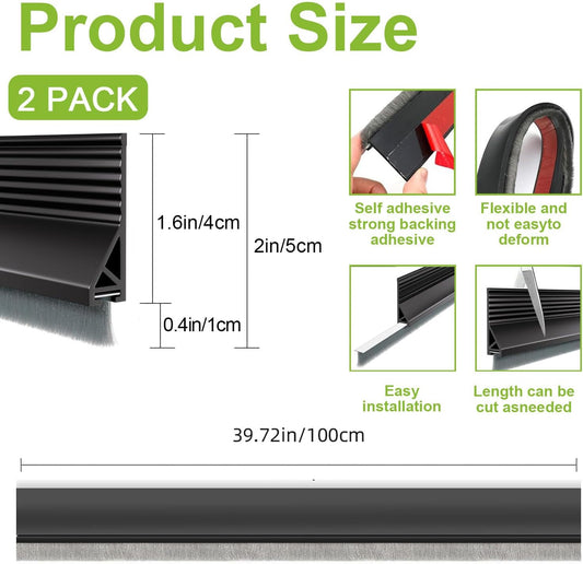 2 PCS Door Brush Bottom Sweep, Draft Stopper 2" W x 39" L, Black | No Residue, Strong Adhesive Self Adhesive Door Sweep for Bottom, Bottom Seal Strip for Dust/Noise/Hot or Cold Air Insulation