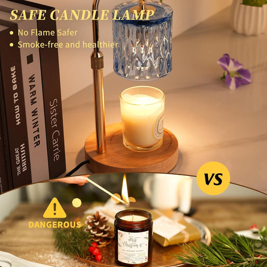 HAIDOLIANG Blue Candle Warmer Lamp with Timer and Dimmer | Height and Brightness Adjustable,Glass Electric Wax Warmer with 2 Bulbs for Women Gifts, Home Decor for Scented Jar Candles