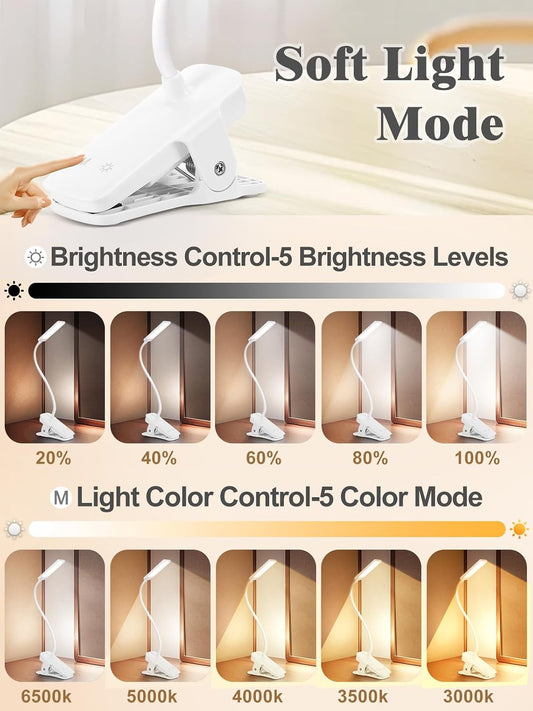Eye Caring LED Clip on Light for Bed Book Reading, 5 Color 5 Brightness