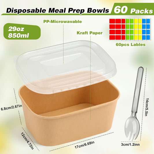 60 Packs 35oz Disposable Meal Prep Containers with Lids & Utensils | Leak-Proof Microwave/Freezer Safe Food Prep Container with Labels , Sturdy Kraft Paper Bowls for Meal Prep, Lunch & Leftovers