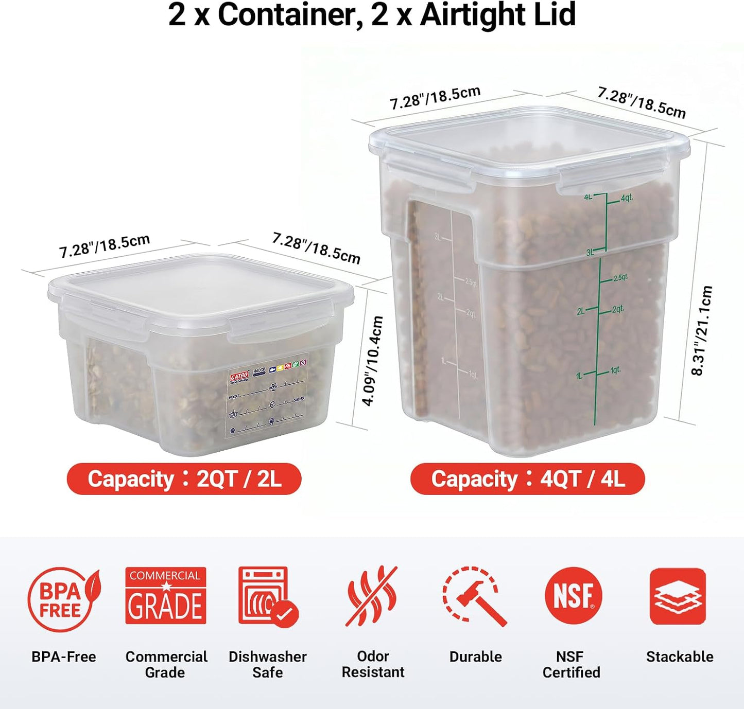 2 Pack 18 QT BPA-Free Translucent Polypropylene Airtight Food Storage Containers, Labeling Area, Stackable Bulk Storage for Flour, Rice, Sugar & Pet Food