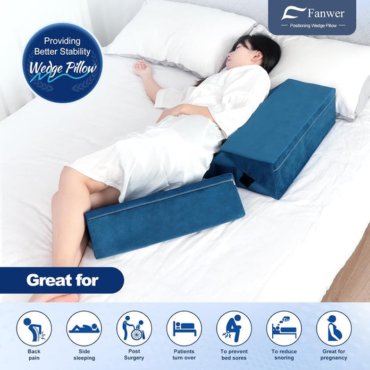Fanwer Positioning Wedge Pillow for Side Sleeping (3 in 1), 40 Degree Triangle Bed Wedges & Body Positioners for Back Pain, Preventing Bedsores, After Surgery, Knees Elevated, Pregnancy
