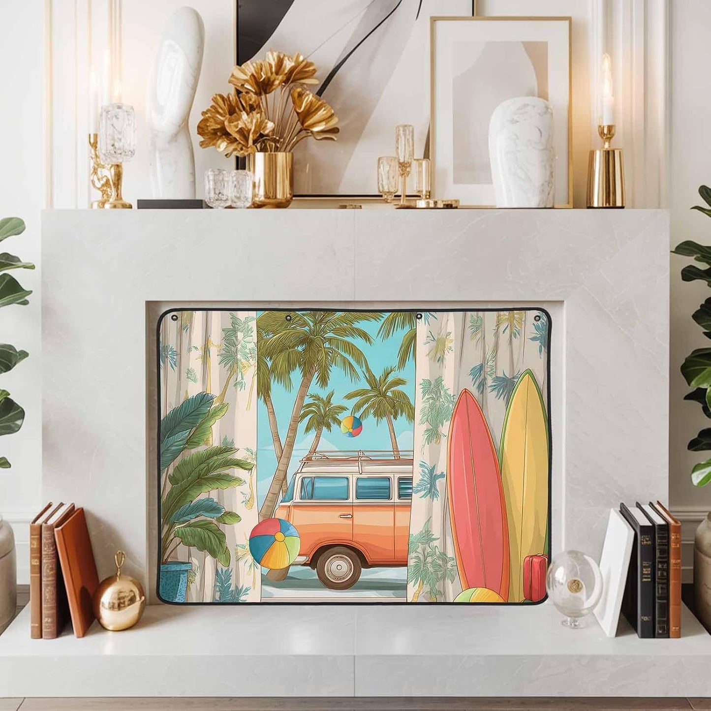 Magnetic Fireplace Cover Tropical Palm Leaves Fireplace Screen Decorative Camper Van Surfboard Balls Insulation Fireplace Blocker Save Energy Fireplace Draft Stopper Covers for Living Room 36x30 Inch