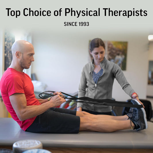 OPTP The Original Stretch Out Strap XL with Exercise Book, Made in the USA | Stretch Out Strap for physical therapy, yoga stretching strap or knee therapy strap, 10 loops, 7'5" long durable woven strap