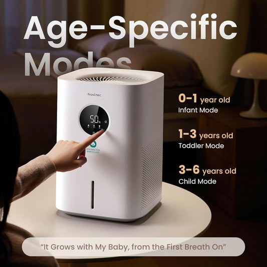 Provirtec Pro Baby Evaporative Humidifier for Bedroom, Easy Clean for Kids | MistFree & No White Dust, 3 Age-Modes, BPA-Free, 16dB Quiet Sleep Mode, Auto Humidity Control, 4L Tap Water Safe for Nursery