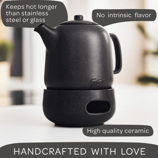 Design Tea Pot (44 oz) - Premium Ceramic Teapot with Infuser for Loose Tea - Black Teapot Ceramic with Removable Strainer