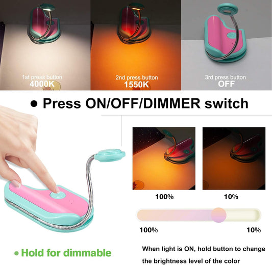 BIGMONAT Rechargeable Reading Light for Kids,Small Amber Book Light,Multi Colors Portable LED Read Lamp with 363° Rotary Light Neck,Wireless Clip Reading Light for Books (Orange)
