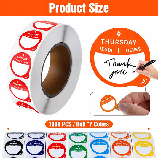 7 Rolls Day Dots Food Labels, 1 Inch 7000 Pcs Removable Date Stickers for Food, Day Labels for Restaurant Kitchen Containers, Self Adhesive Days Dot Sticker