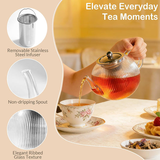 50OZ/1500ml Ribbed Borosilicate Glass Teapot with Removable Stainless Steel Infuser & Lid, Stovetop Safe Vertical Striped Clear Tea Kettle for Loose Leaf & Blooming Tea