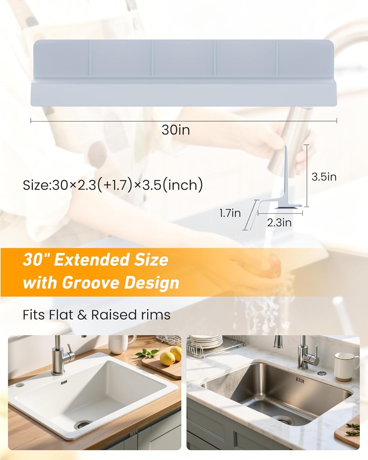 Sink Splash Guard 18" 23" 30" Silicone Water Guard with Strong Suction Cups, Faucet & Countertop Protector, Bathroom & Sink Edge Splash Guard Strip, Dishwasher Safe-Grey 18"