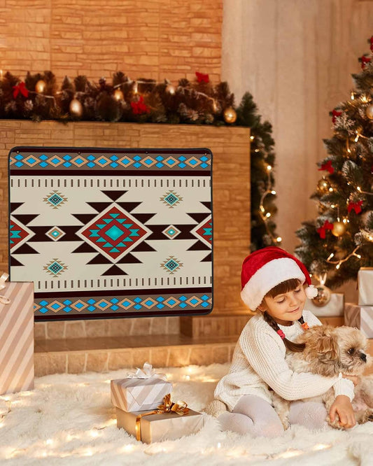 Brown Blue Magnetic Fireplace Cover, Fireplace Draft Blocker, Green Southwest Ethnic Native American Boho Fireplaces Blanket for Heat Loss/Cold Air, Fireplaces Draft Stopper Cover for Inside 39''x32''
