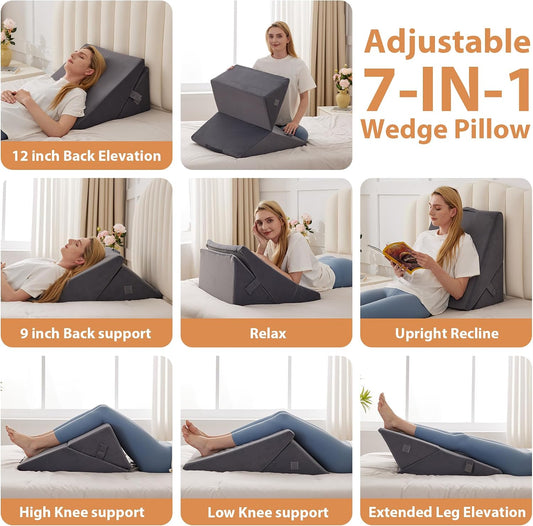BIEEZZK 4PCS Wedge Pillow Set for After Surgery, Back Pillow for Bed Sitting up, 9&12inch Adjustable Memory Foam Bed Wedges, Pillow Wedge for Acid Reflux, Back Pain Relief, Snoring, White/Grey