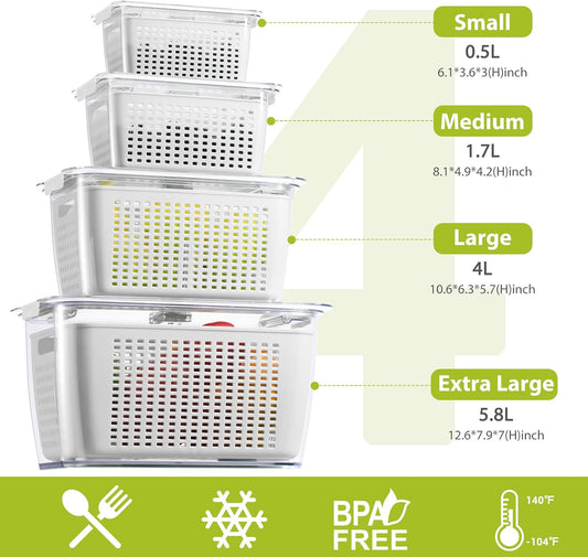 LUXEAR Fruit Vegetable Containers for Fridge, Produce Saver Container with Lids &Removable Colander BPA-free Refrigerator Storage Organizer for Fruit Vegetable, Berry, Meat keep Fresh Longer