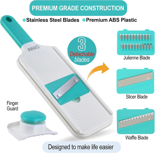 DINM Handheld Mandoline Slicer for Kitchen – Stainless Steel Vegetable Slicer with 3 Interchangeable Blades, Safety Food Holder, Potato, Cucumber & Carrot Cutter