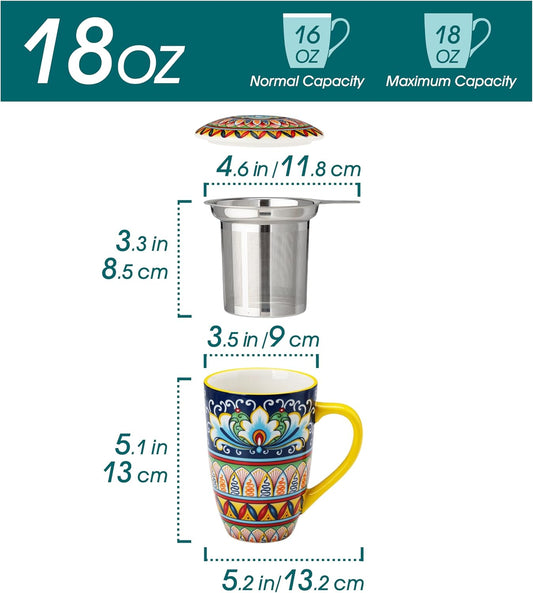 vancasso Ceramic Tea Mug with Infuser and Lid, 18 Ounce Bohemian Loose Leaf Cup, Microwave & Dishwasher Safe, Perfect for Tea, Coffee, Burnt-Cobalt Mandala