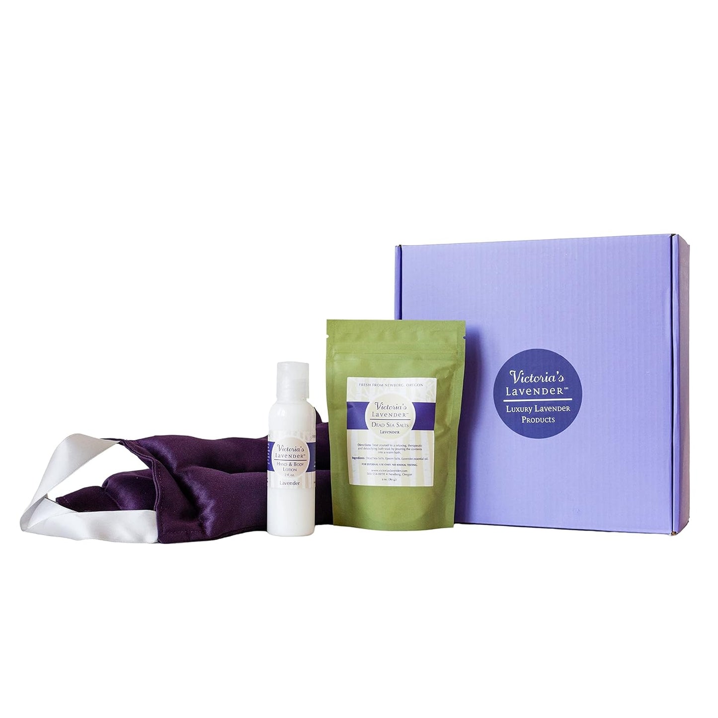 Victoria's Lavender Luxury Lavender Relaxing Spa Gift Basket, Set of 3 | Neck Wrap, Dead Sea Bath Salts, and Hand & Body Lotion , Microwavable Neck Heating Pad Filled with Lavender Buds & Flax Seed